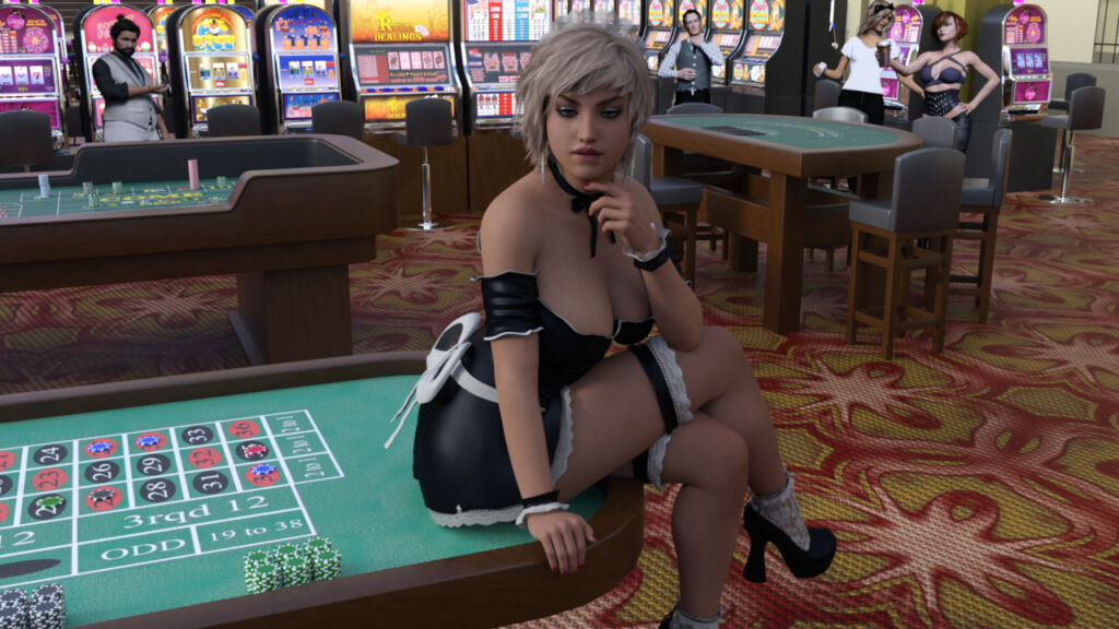 Cena da personagem Ana sentada ou interagindo em uma mesa na atualização v.0.94 de Celebrity Hunter.