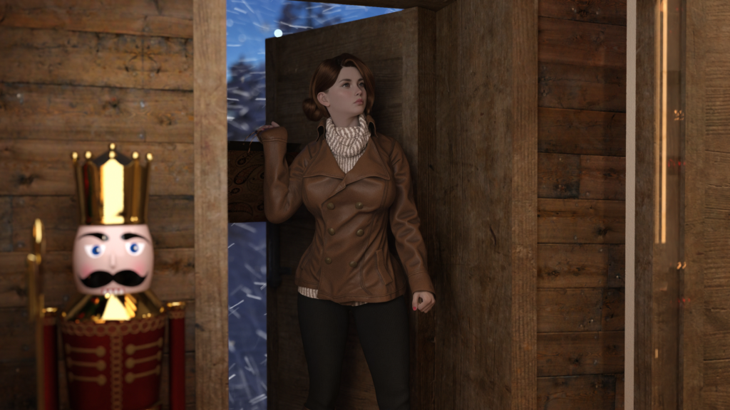 Capa oficial da visual novel Stuffing Her Stocking, destacando personagens em trajes de Natal e o título do jogo traduzido.